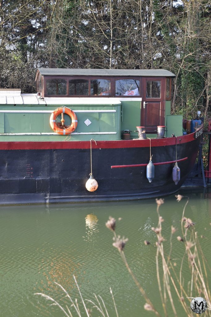 Bateau vert avec une bouée sur le Canal du Midi