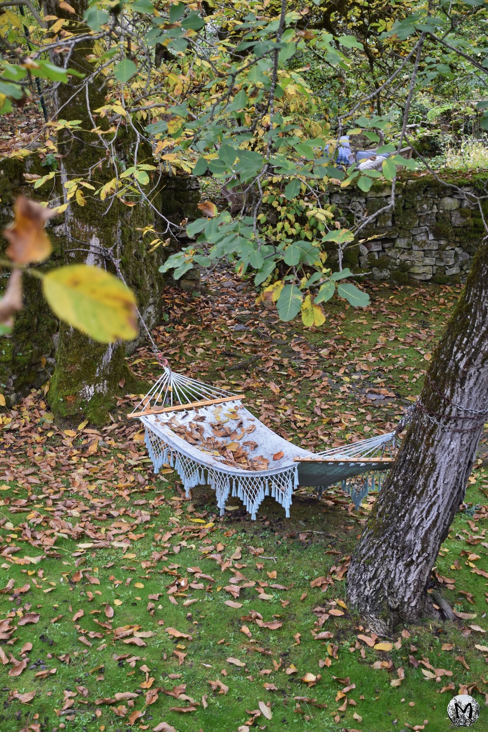 Hamac recouvert de feuilles d'automne