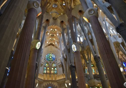 Visite de l'intérieur de la Sagrada Familia avec ses colonnes imposantes et ses détails.