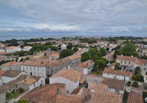 Vue panoramique de Saint-Martin-de-Ré avec ses toits de maisons et l'océan à l'horizon.